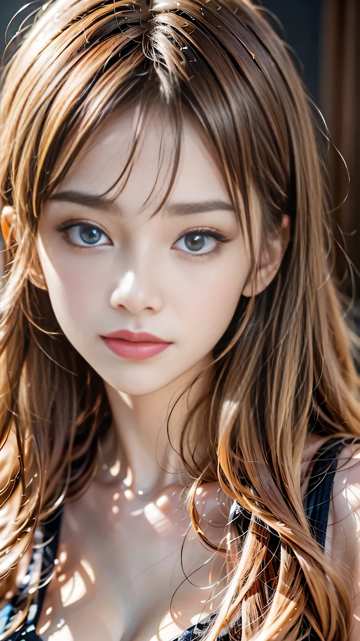 Beautiful white and shining skin、Blonde hair color that changes depending on the light、Long bangs between the eyes that obstruct the view、Shiny highlights on cheeks、Sexy and very beautiful nice and cute gorgeous face、the most beautiful face in the world、Super long gorgeous spare blonde hair、Smooth straight hair、big breasts、big, bright light blue eyes、beautiful bangs、Beautiful and cute girl、small face beauty、Cheek gloss highlights