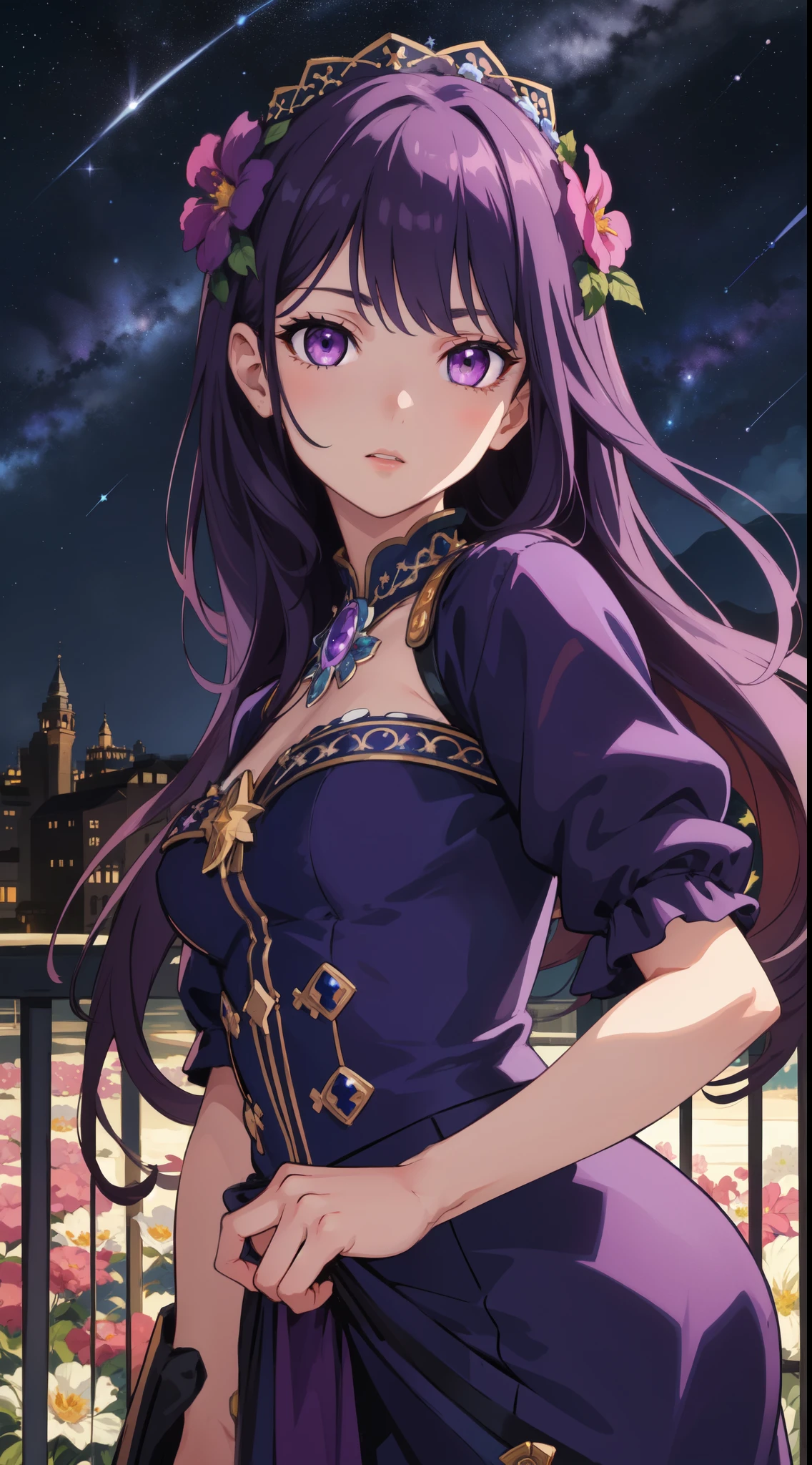 masterpiece, best quality, ultra-detailed, illustration, , , 1girl,solo, image body, flower, looking at viewer, , , purple eyes, jewel-like eyes, extremely detailed eyes, extremely detailed face,, , star (sky), constellation, purple energy, railing, meteor
