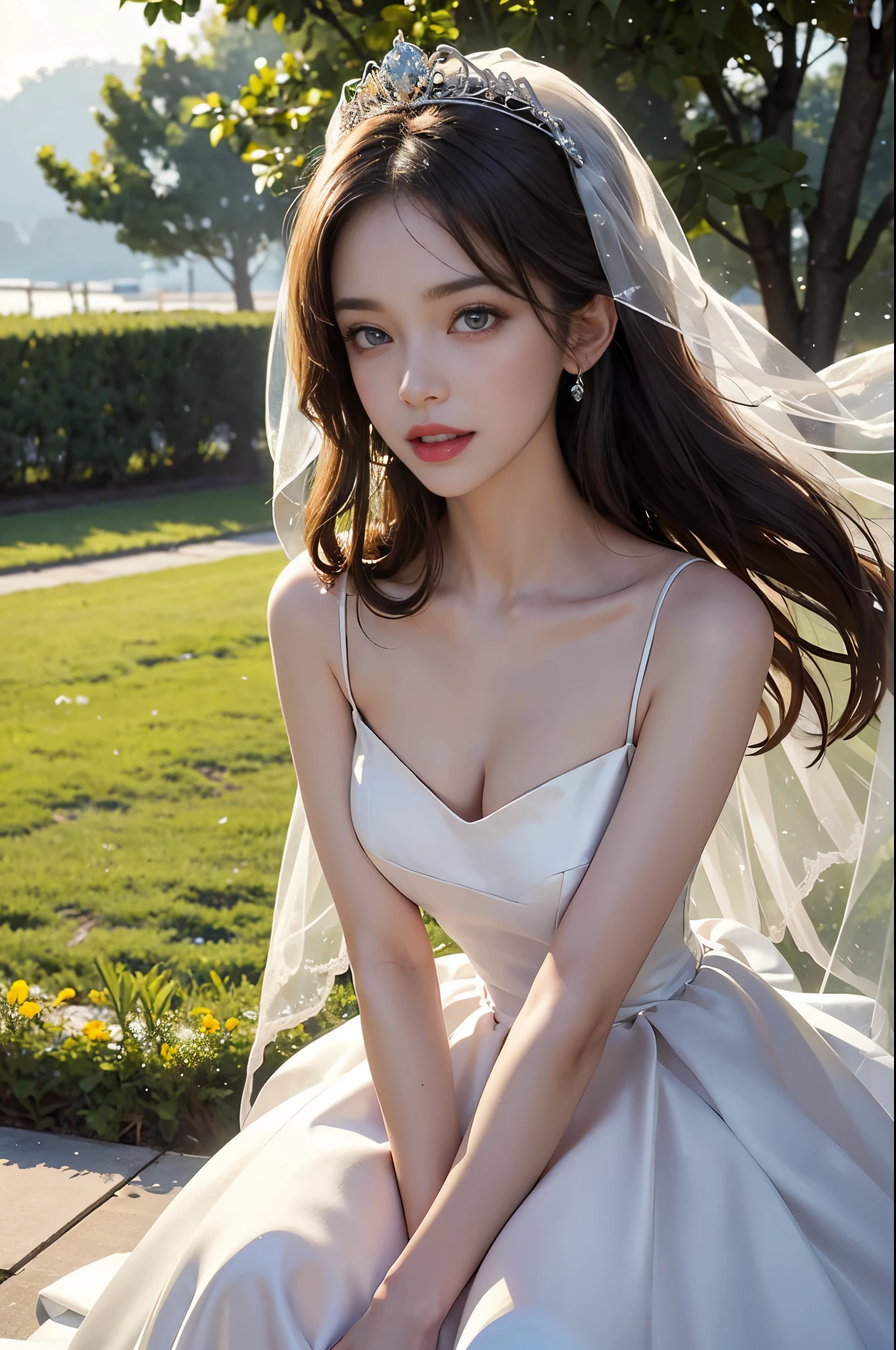 only 1 girl, huge laugh, Very pretty, beautiful eyes, thin collarbone, red lips, make her sit, cute , sweet, sun glare, Conservative attire, bell line wedding dress, bridal tiara, bridal veil, depth of field, blurred background, light particles, strong wind, rainbow color, head tilt, staring into the distance, long hair,