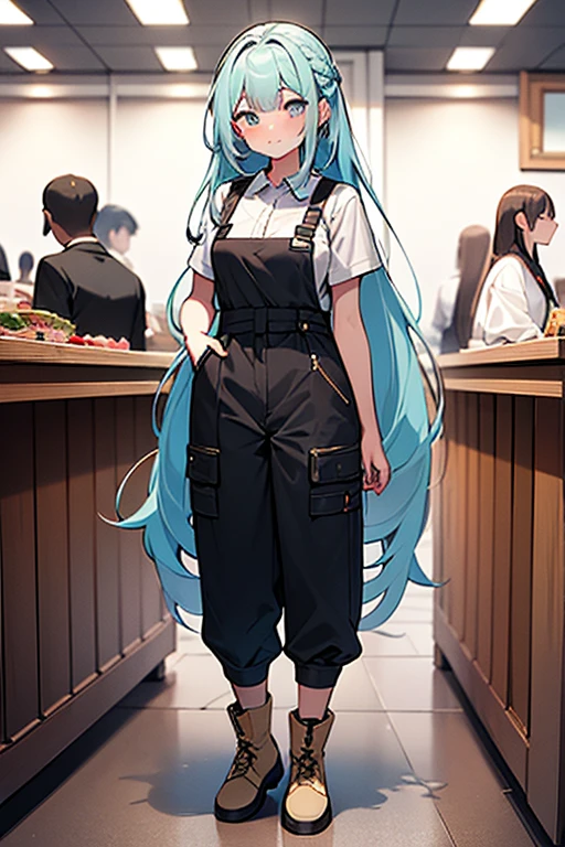 ((highest quality)), ((masterpiece)), (be familiar with), perfect face, one girl、、big breasts、small face、long hair、silky hair、foreign style braids、pastel blue hair、Full body figure、standing position、khaki、Work clothes、pants、Jumpsuit、work apron、safety boots、(background white)、(no background)、