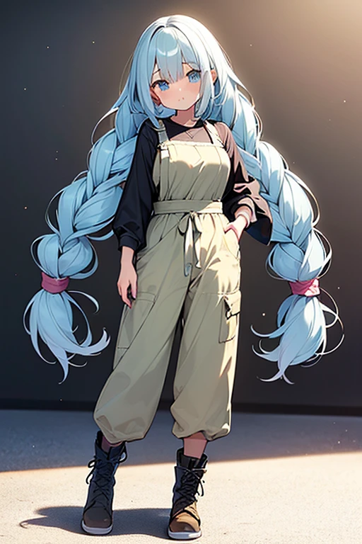 ((highest quality)), ((masterpiece)), (be familiar with), perfect face, one girl、15 years old、big breasts、small face、long hair、silky hair、foreign style braids、pastel blue hair、Full body figure、standing position、khaki、Work clothes、pants、Jumpsuit、work apron、safety boots、（background white）、（no background）、