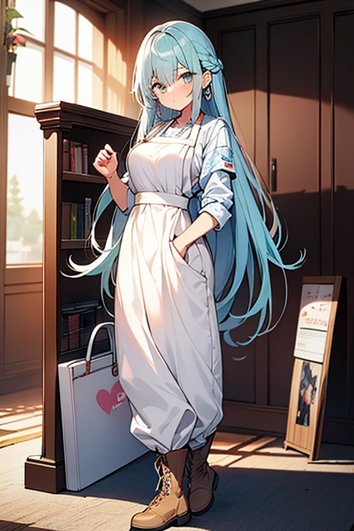 ((highest quality)), ((masterpiece)), (be familiar with), perfect face, one girl、15 years old、big breasts、small face、long hair、silky hair、foreign style braids、pastel blue hair、Full body figure、standing position、khaki、Work clothes、pants、Jumpsuit、work apron、safety boots、（background white）、（no background）、