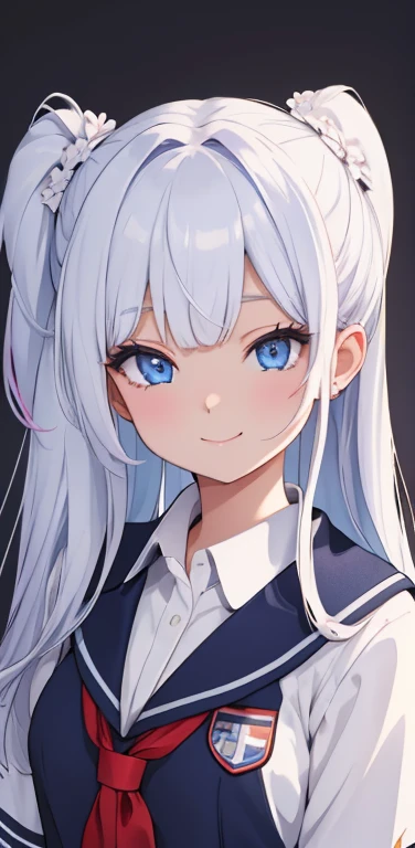 (8K、highest quality、masterpiece:1.uper detailed、super resolution、Realistic、1girl、(two-color hair, white:1.5)、twintails,blue eyes、(eye focus:1.3,face focus:1.3,upper body:1.5),(gradient hair:1.5),(school uniform:1.3)、(happy:1.3),cute face,small breatrait,school girl,