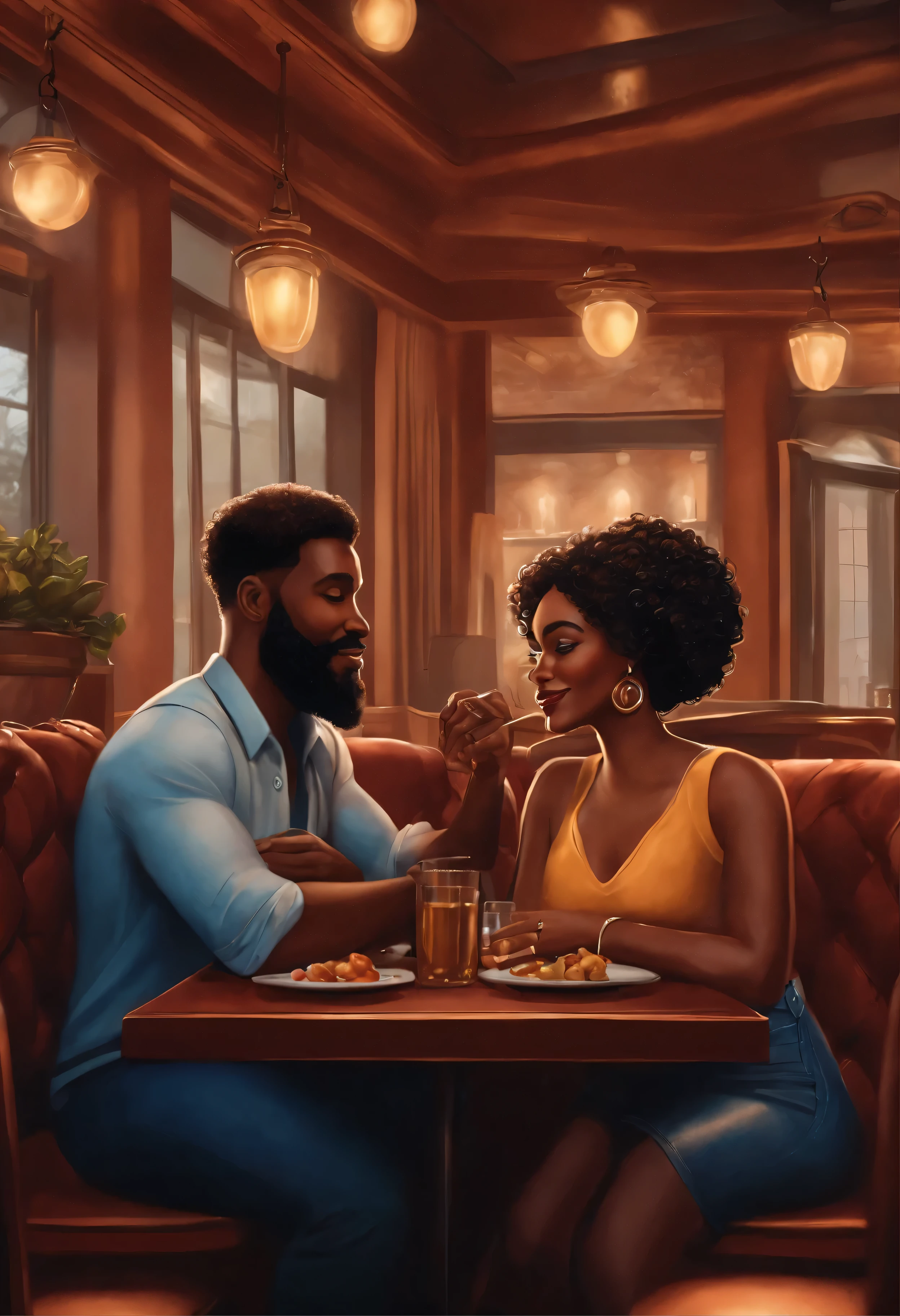 Pixar 3D style drawing of a couple sitting at a restaurant table dining bald black man and beard black woman with curly hair and braid on the side