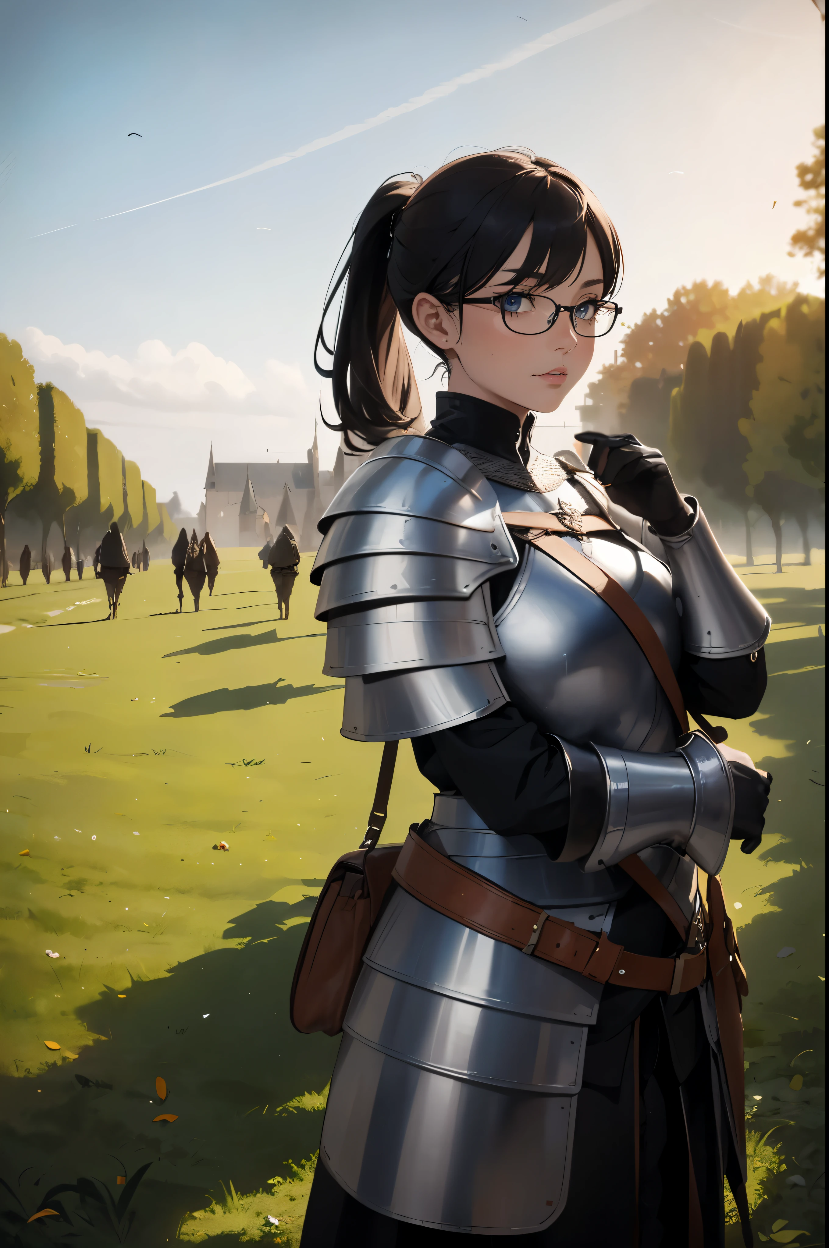 ((Wide angle view of the Hundred Years' War in France)), beautiful young woman, black hair in a ponytail, smooth, wear glasses, สวมชุดเกราะของ Jeanne d'Arc