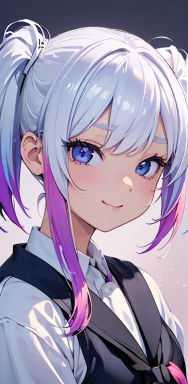 (8K、highest quality、masterpiece:1.2)、Super detailed、super resolution、Realistic、1girl、(two-color hair, white:1.5)、twintails,blue eyes、(eye focus:1.3,face focus:1.3,upper body:1.5),(gradient hair:1.5),(school uniform:1.3)、(happy:1.3),cute face,small breasts,portrait,school girl,
