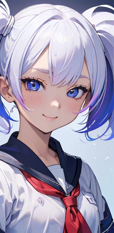 (8K、highest quality、masterpiece:1.2)、Super detailed、super resolution、Realistic、1girl、(two-color hair, white:1.5)、twintails,blue eyes、(eye focus:1.3,face focus:1.3,upper body:1.5),(gradient hair:1.5),(school uniform:1.3)、(happy:1.3),cute face,small breasts,portrait,school girl,
