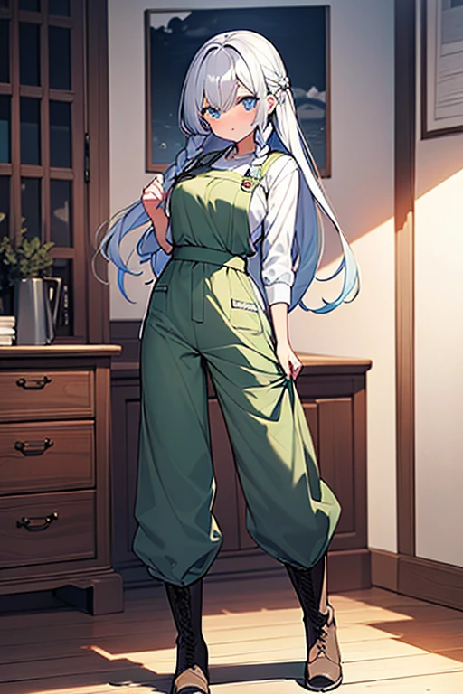 ((highest quality)), ((masterpiece)), (be familiar with), （background white）、（no background）、perfect face, one girl、15 years old、big breasts、small face、long hair、silky hair、foreign style braids、pastel blue hair、Full body figure、standing position、khaki、Work clothes、pants、Jumpsuit、work apron、safety boots、