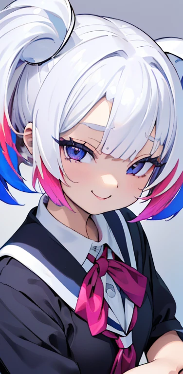 (8K、highest quality、masterpiece:1.2)、Super detailed、super resolution、Realistic、1girl、(two-color hair, white:1.5)、twintails,blue eyes、(eye focus:1.3,face focus:1.3,upper body:1.5),(gradient hair:1.5),(school uniform:1.3)、(happy:1.3),cute face,small breasts,portrait,school girl,
