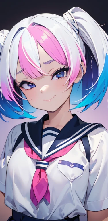 (8K、highest quality、masterpiece:1.2)、Super detailed、super resolution、Realistic、1girl、(two-color hair, white:1.5)、twintails,blue eyes、(eye focus:1.3,face focus:1.3,upper body:1.5),(gradient hair:1.5),(school uniform:1.3)、(happy:1.3),cute face,small breasts,portrait,school girl,
