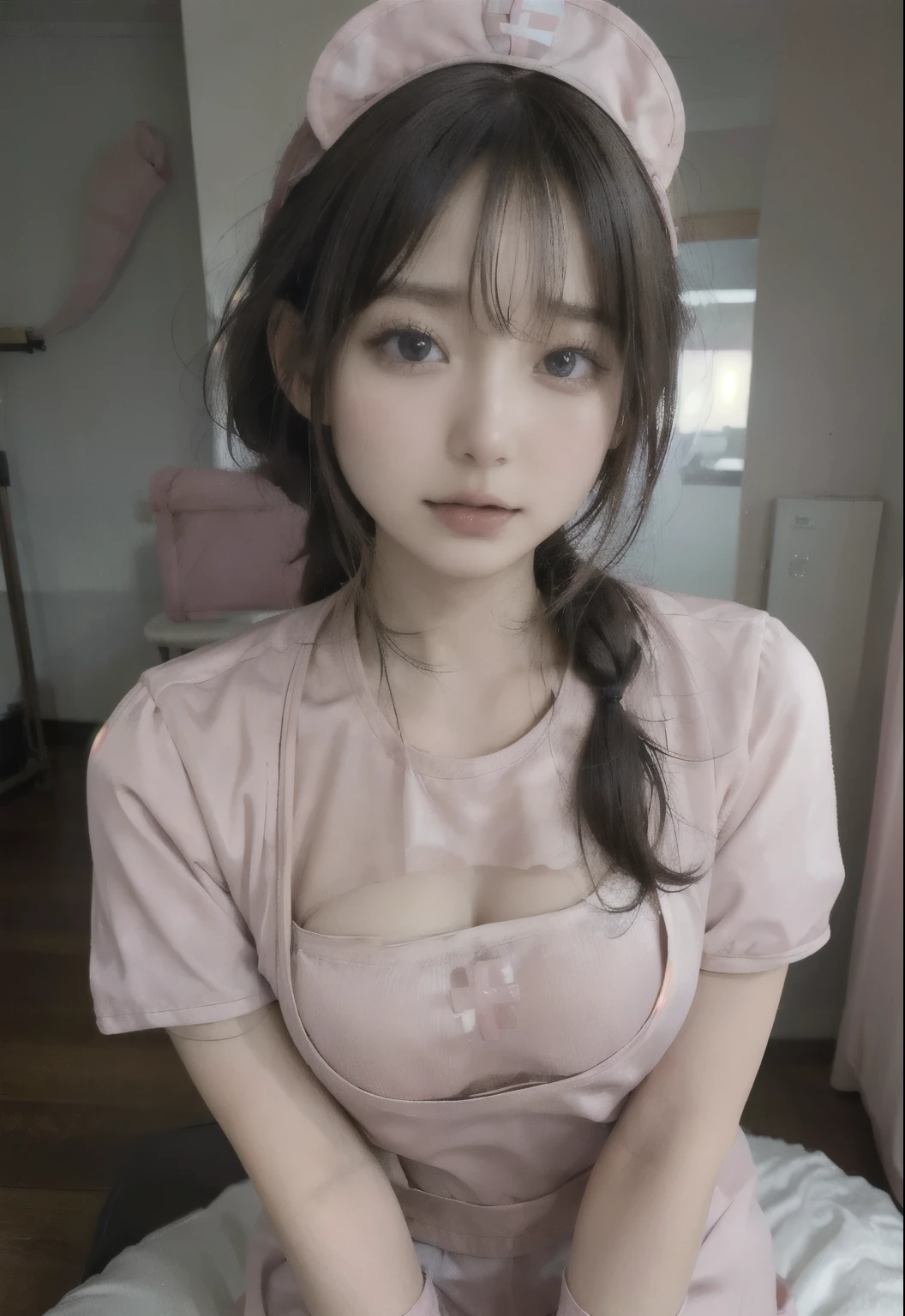 ​Masterpiece,  (Real and lifelike photos: 1.37), light color、detailsなパンティーパターン、focus、, 8k Wallpaper, amazing, (8k, original photography, top quality, ​Masterpiece: 1.2), details, 非常にdetailsな目,1 girl, vague, vague background, Blurred foreground, blush, braid, huge山雀, depth of field, Eyebrows visible through hair, hair between eyes,short hair,alone, huge 、nogizaka idol、korean idol、Posing a gravure idol、18 years old adult female、High,korean idol、nogizaka idol、Posing a gravure idol、(((pink nurse uniform:1.3)))、Black thigh high socks for emphasis、open cleavage,((Big breasts:1.4))、G cup slim figure、model figure、model standing、
