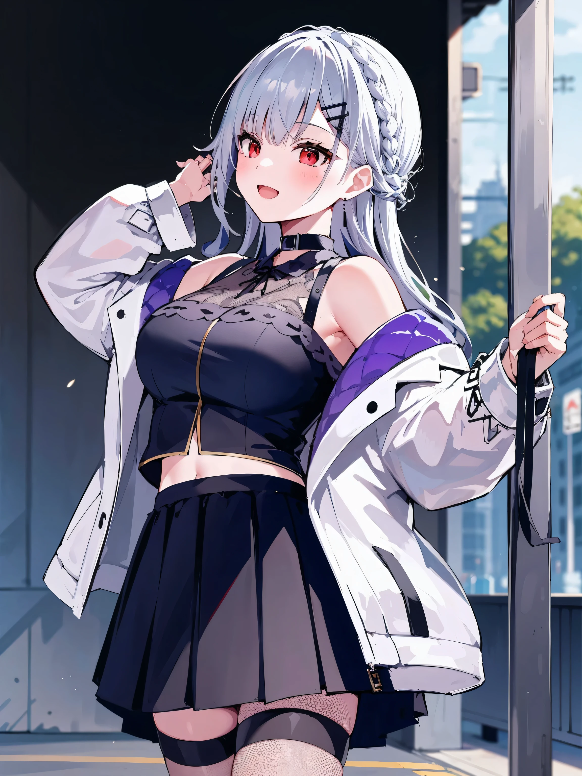 masterpiece, highest quality, ultra high resolution, 8k wallpaper!, (thin line drawing, thin line drawing), alone, 1 girl, red eyes, Shining eyes!, gray hair, Braid, hair clip, big breasts, black choker, gray shirt, sleeveless shirt, white jacket, open jacket, long sleeve, skirt, fishnet, thigh strap, single thigh high, outdoors, Poolside, cowboy shot, Are standing, (From above:0.7), shy, Joyful, ^_^,