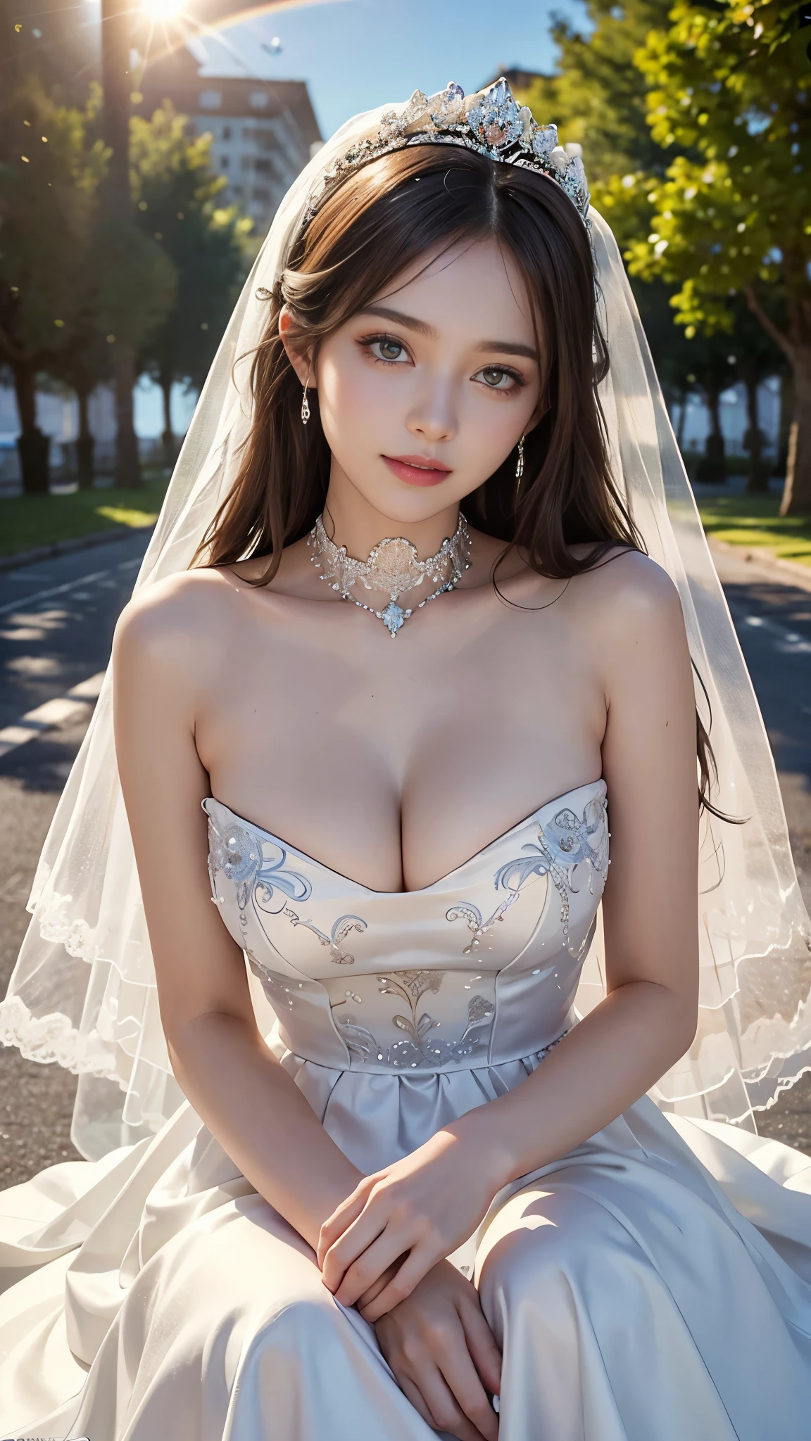 only 1 girl, huge laugh, Very pretty, beautiful eyes, thin collarbone, make her sit, cute , sweet, sun glare, Conservative attire, turtleneck wedding dress, bridal tiara, bridal veil, depth of field, blurred background, light particles, strong wind, rainbow color, head tilt, staring into the distance, long hair,