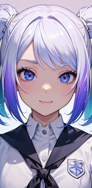 (8K、highest quality、masterpiece:1.2)、Super detailed、super resolution、Realistic、1girl、(two-color hair, white:1.5)、twintails,blue eyes、(eye focus:1.3,face focus:1.3,upper body:1.5),(gradient hair:1.5),(school uniform:1.3)、(happy:1.3),cute face,small breasts,portrait,school girl,
