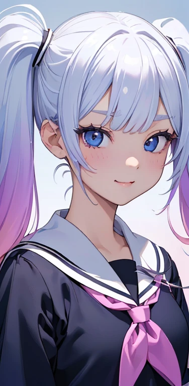 (8K、highest quality、masterpiece:1.2)、Super detailed、super resolution、Realistic、1girl、(two-color hair, white:1.5)、twintails,blue eyes、(eye focus:1.3,face focus:1.3,upper body:1.5),(gradient hair:1.5),(school uniform:1.3)、(happy:1.3),cute face,small breasts,portrait,school girl,
