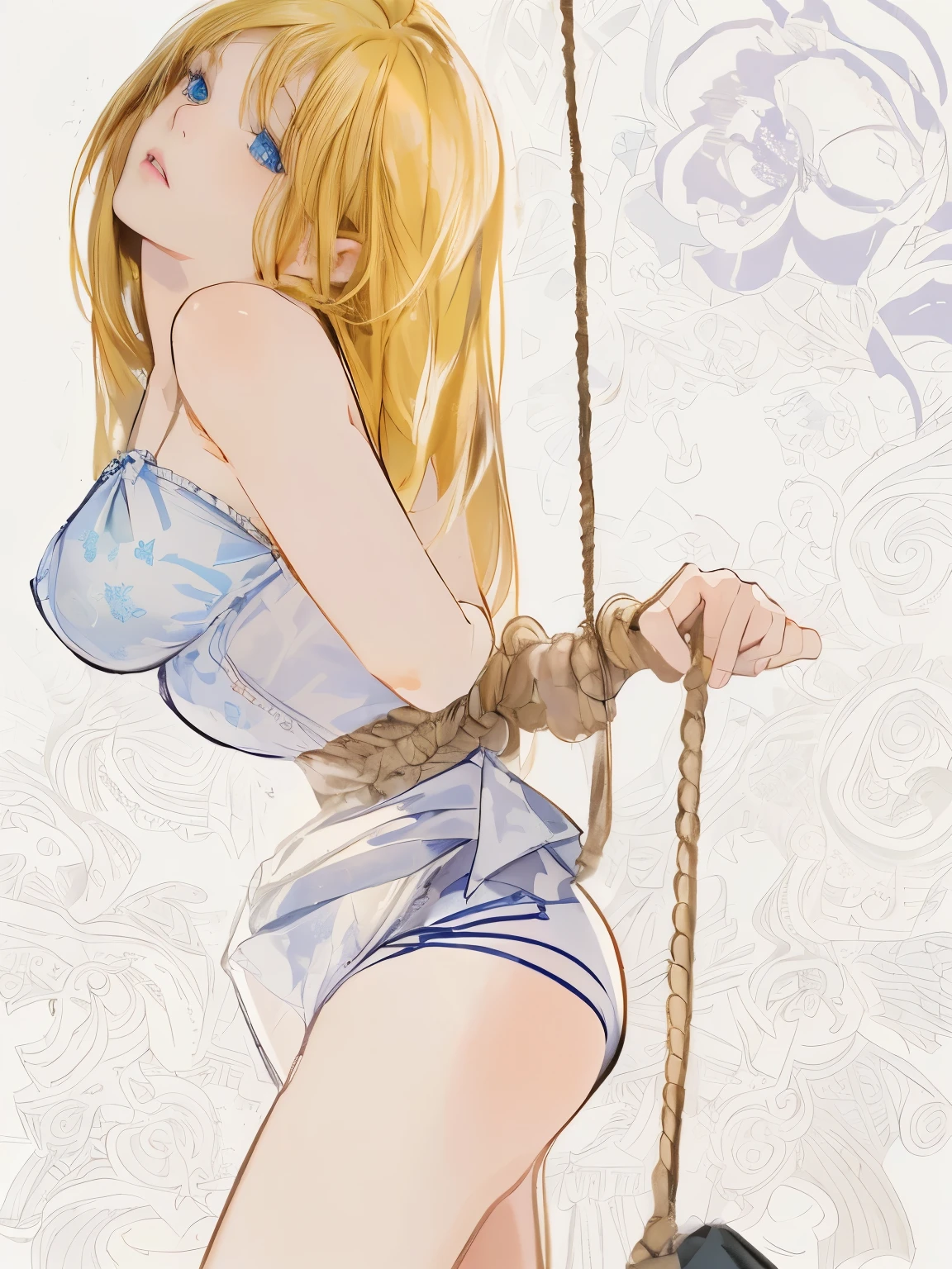 ((masterpiece)), ((best quality)), (ultra-detailed), torture room,(((rope strongly bound waist))),a cute girl, 1girl, solo,bikini style,beautiful blonde hair, (beautiful blue eyes), long hair, expression of agony