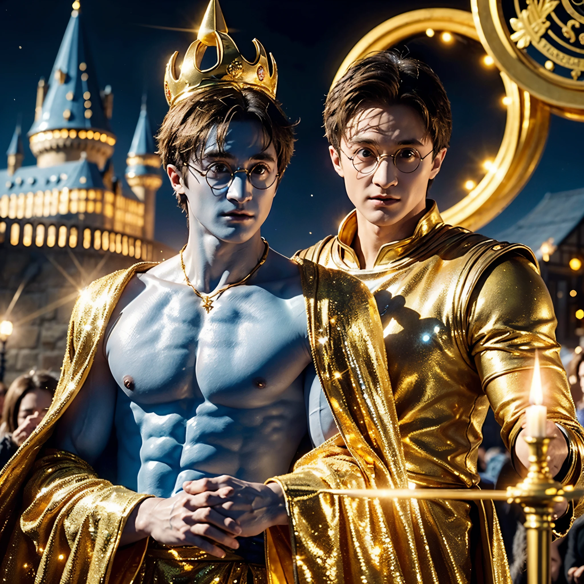 blue skin Harry Potter, muscular body, bare upper body, golden ornaments, flashy costume, Hogwarts in the background, golden king, golden emperor Harry Potter, painted in the center, crowd in the background, golden effect, golden magic, high quality,Harry Potter with golden skin, muscular body, bare upper bodyHarry Potter with golden skin, nothing on, naked, nothing on upper body, golden ornaments, flashy costume, Hogwarts in background, golden king, golden emperor Harry Potter, painted in the center, crowd in background, golden effect, golden magic, high quality, high definition、Harry Potter, the king who unifies the universe, robot in the background,