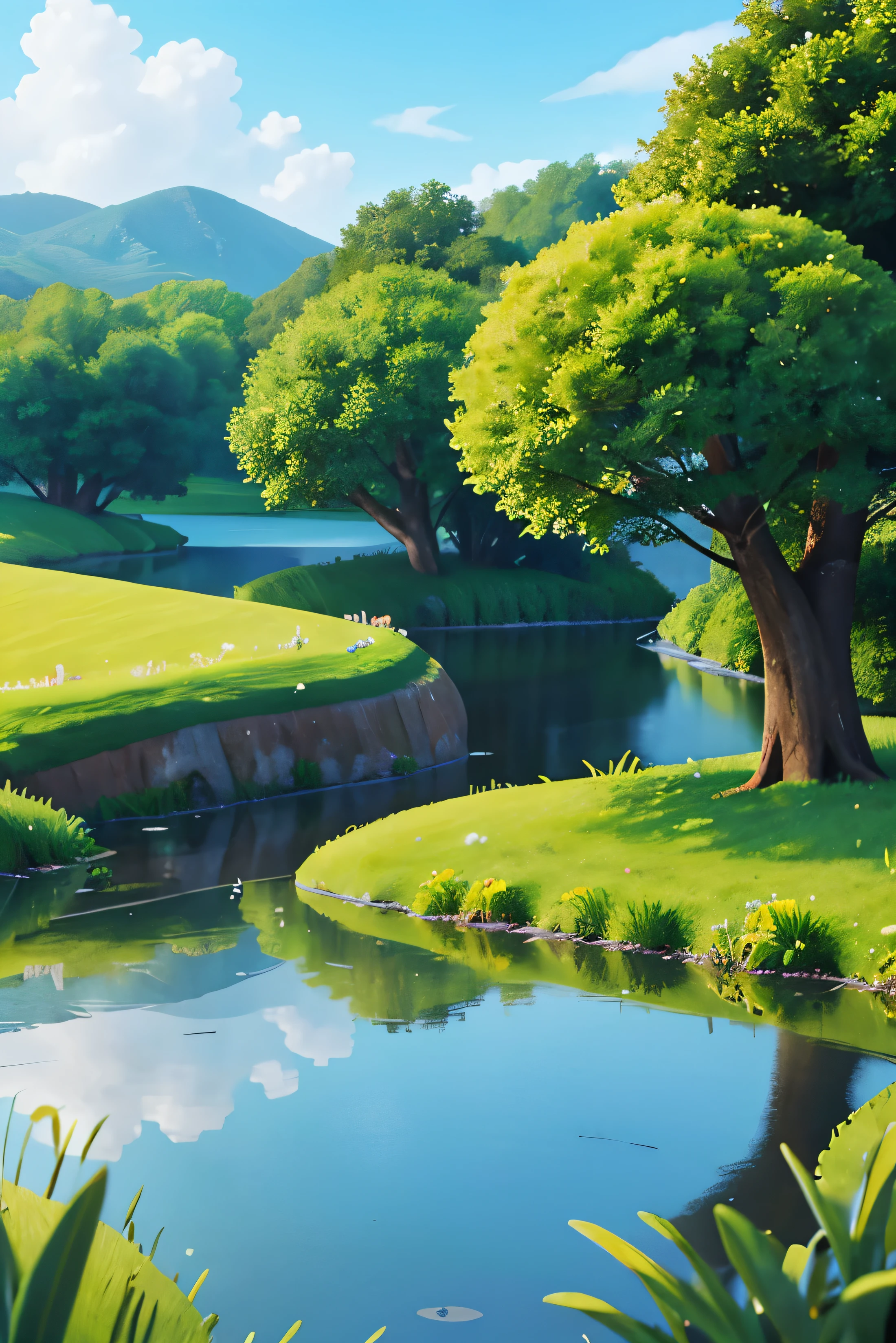 green field, large lake, pixar style, landscape