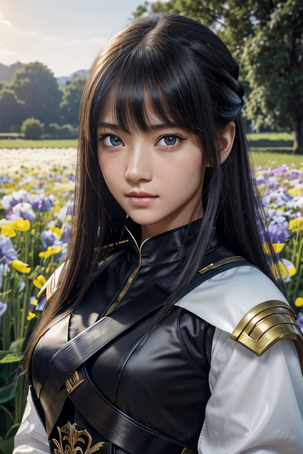 8k、High resolution、female warrior fashion、beautiful girl、black combat uniform、young、white skin,、narrow eyes,high nose,lighting that illuminates the face、clear image、intellectual beauty、skinny、no makeup、anxious look、lighting that illuminates the face,shining hair、single eyelid,blue eyes、in the flower field、vivid pose