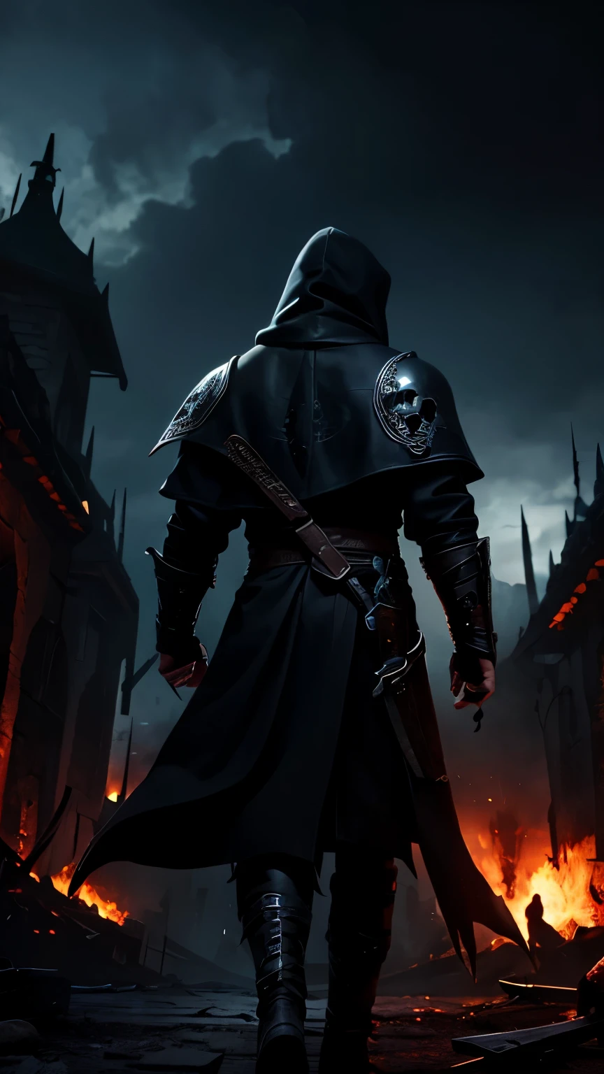 Man from back wearing black leather hood using shadow powers with great destruction in the background and skulls on the ground, imagem medieval dark, reino medieval