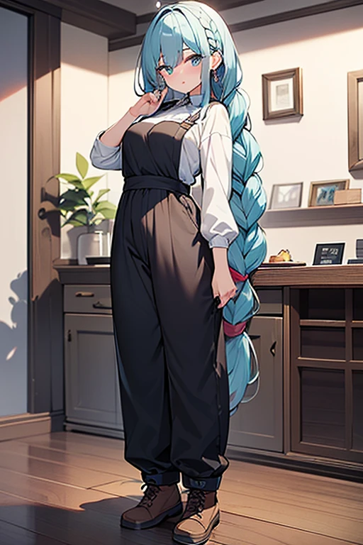 ((highest quality)), ((masterpiece)), (be familiar with), （Background: White wall）、perfect face, one girl、15 years old、big 、small face、long hair、silky hair、foreign style braids、pastel blue hair、Full body figure、standing position、khaki、Work clothes、pants、Jumpsuit、work apron、safety boots、