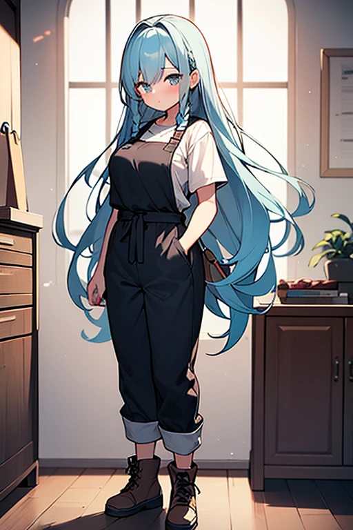 ((highest quality)), ((masterpiece)), (be familiar with), （Background: White wall）、perfect face, one girl、15 years old、big 、small face、long hair、silky hair、foreign style braids、pastel blue hair、Full body figure、standing position、khaki、Work clothes、pants、Jumpsuit、work apron、safety boots、