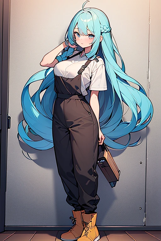 ((highest quality)), ((masterpiece)), (be familiar with), （Background: White wall）、perfect face, one girl、15 years old、big breasts、small face、long hair、silky hair、foreign style braids、pastel blue hair、Full body figure、standing position、khaki、Work clothes、pants、Jumpsuit、work apron、safety boots、