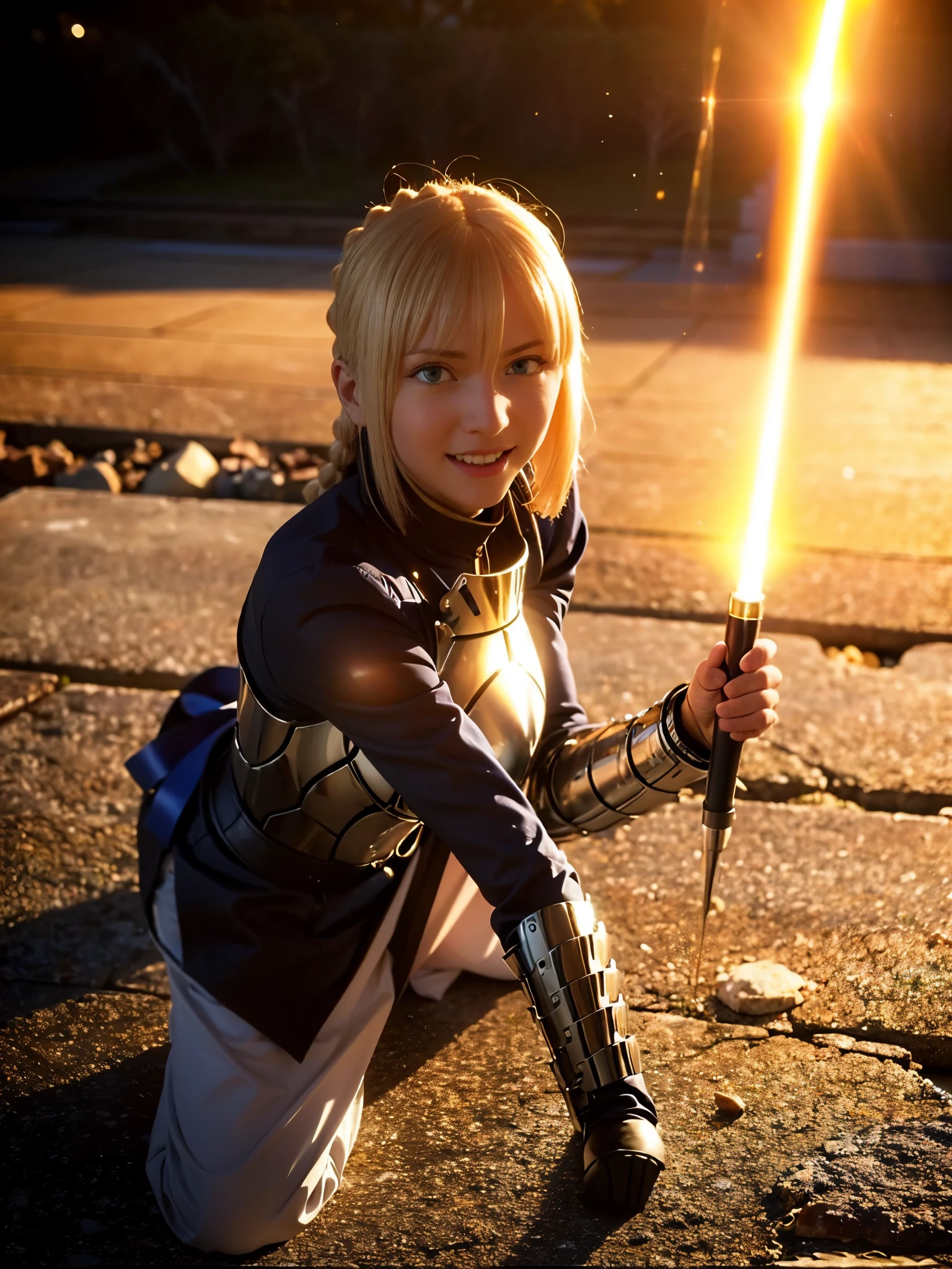 1girl,((())),(a blond), (braided single hair bun)), (huge breast:1.5), (((armor))), ((beautiful anime eyes with fine detail)), ((indigo blue ribbon)), (seductive smile:1.3), realistic skin, (intricate details), ((lighting forward)), depth field, ((ultra high resolution, high res)), {highres}, {{very fine 8KCG wallpapers}}, {{very precise detailed}}, ((((masterpiece)))),in sunlight poolside, fighting stance, golden sword