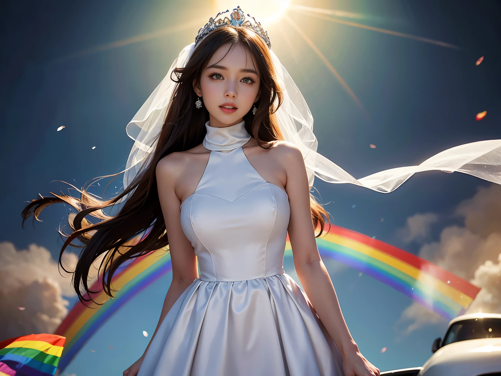 only 1 girl, huge laugh, Very pretty, beautiful eyes, make her sit, cute , sweet, sun glare, Conservative attire, turtleneck wedding dress, bridal tiara, bridal veil, depth of field, blurred background, light particles, strong wind, rainbow color, head tilt, staring into the distance, long hair,