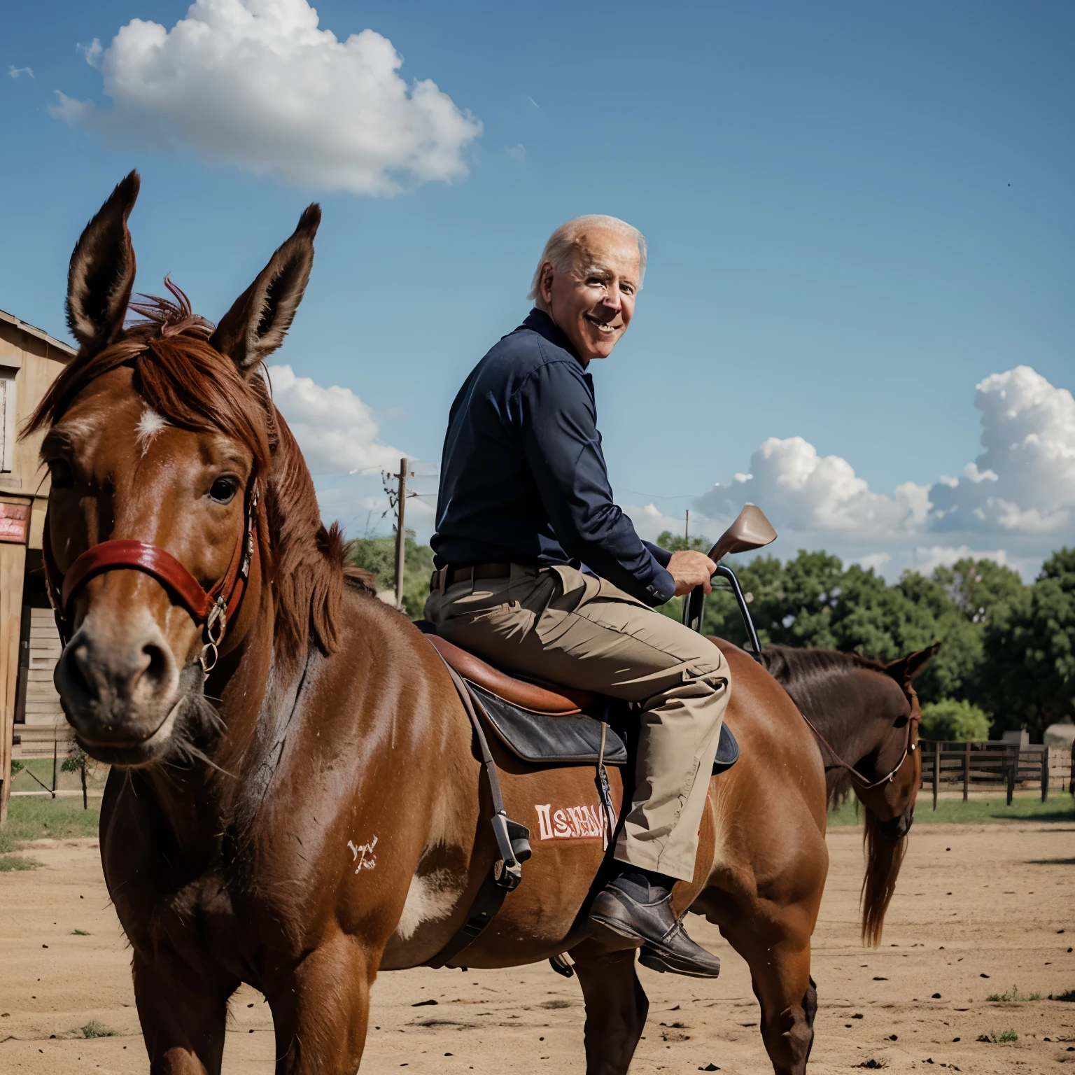 Caricature of joe Biden riding a red donkey 