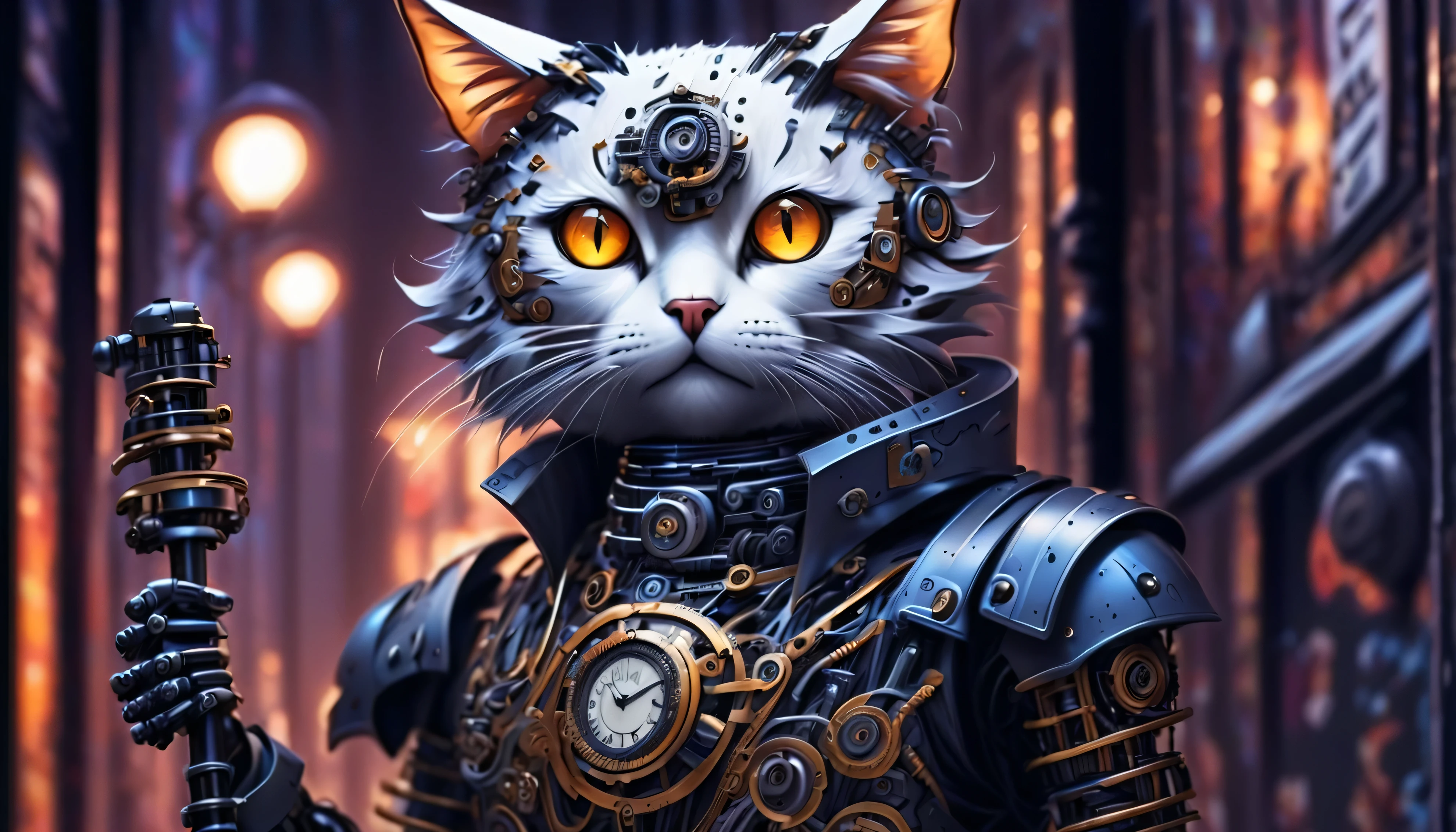 Robot-Cat with mechanical engineering profile, detail soft shadow, ennui atmosphere mechanical face, mechanical decorative cane of holding one hand, from below view, in intricate and insane detail mechanical, on intricate detail butler's clothes, low key lighting element, cool beauty mechanical, full body shot, from side, nice look cyber butler's clothes, beauty like sharpened blade atmosphere, extremely fine shadow, backdrop of drizzle graffiti, eternal time clock, feels like eternity time wind, loneliness atmosphere, dim white lighting, street art graffiti inspiration, sadness glow eyes of through expression, gallant expression, darkest dim glow, darkest core oil paint illustration with detail, very clear detail, extremely clear texture, intricate brush stroke, high quality, high resolution, top quality,