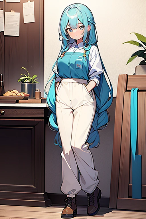 ((highest quality)), ((masterpiece)), (be familiar with), (background white wall)、perfect face, one girl、、big breasts、small face、long hair、silky hair、foreign style braids、pastel blue hair、Full body figure、standing position、khaki、Work clothes、pants、Jumpsuit、work apron、safety boots、