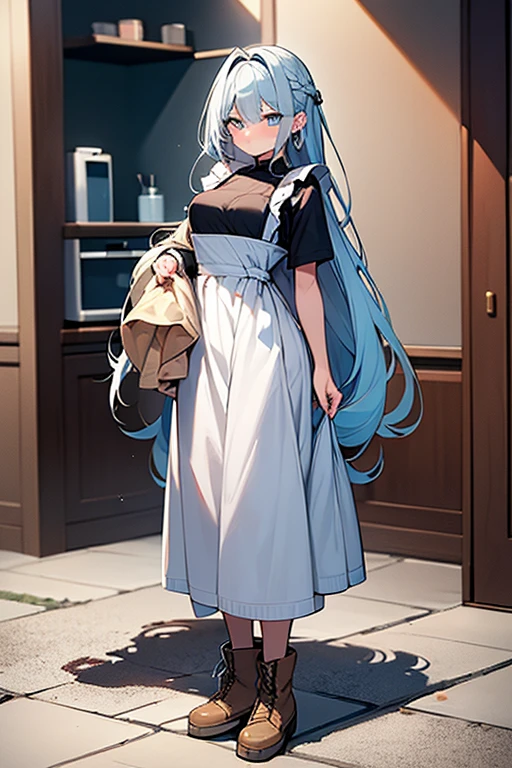((highest quality)), ((masterpiece)), (be familiar with), （background white wall）、perfect face, one girl、15 years old、big breasts、small face、long hair、silky hair、foreign style braids、pastel blue hair、Full body figure、standing position、khaki、Work clothes、pants、Jumpsuit、work apron、safety boots、