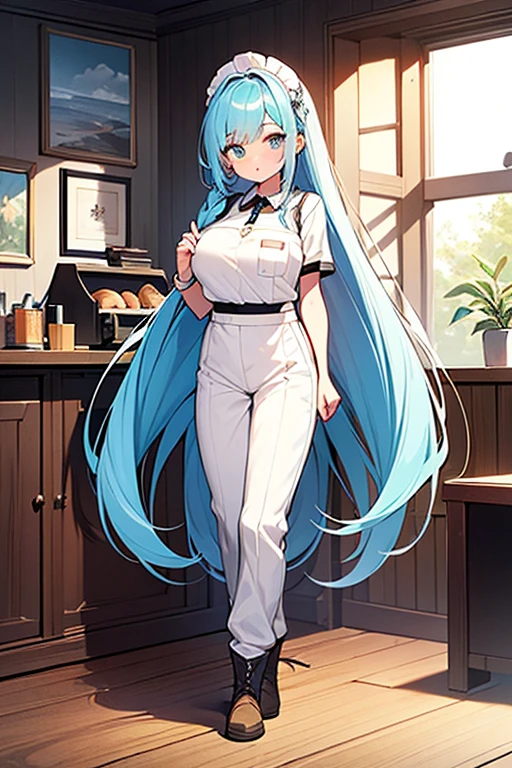 ((highest quality)), ((masterpiece)), (be familiar with), （background white wall）、perfect face, one girl、15 years old、big breasts、small face、long hair、silky hair、foreign style braids、pastel blue hair、Full body figure、standing position、khaki、Work clothes、pants、Jumpsuit、work apron、safety boots、