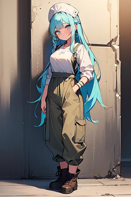 ((highest quality)), ((masterpiece)), (be familiar with), （background white wall）、perfect face, one girl、、big breasts、small face、long hair、silky hair、foreign style braids、pastel blue hair、Full body figure、standing position、khaki、Work clothes、pants、Jumpsuit、work apron、safety boots、