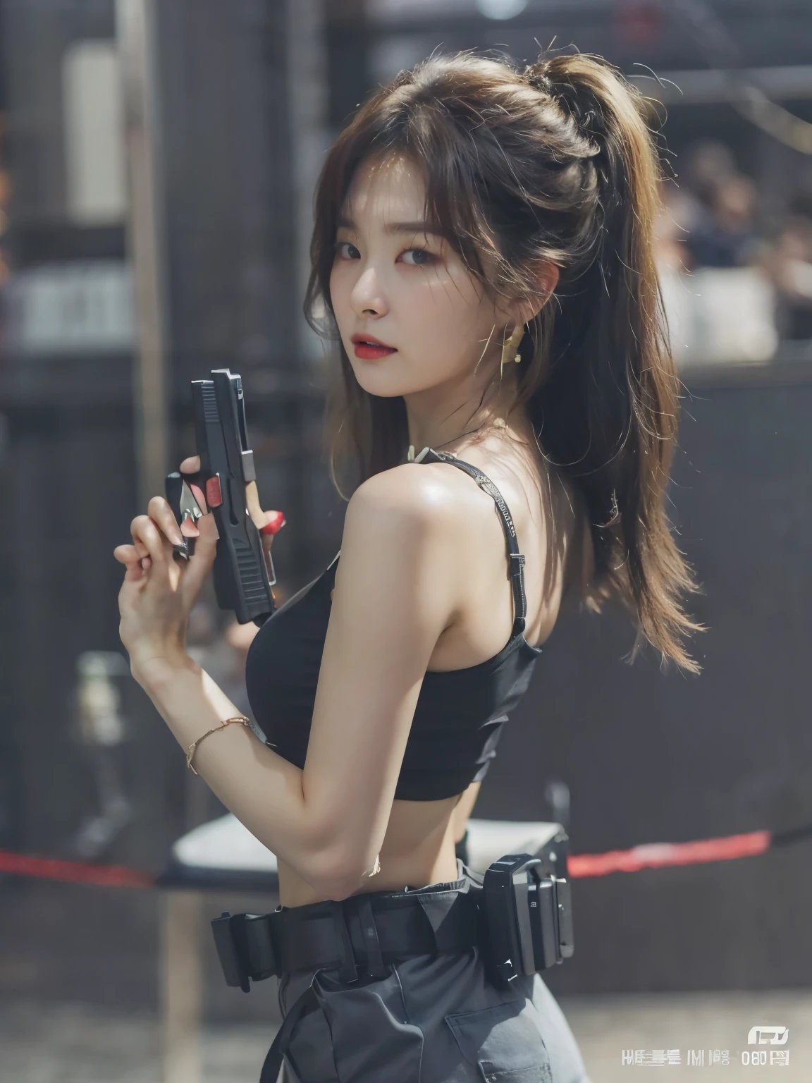 a close up of a woman holding a cell phone in her hand, with pistol, with rifle, shooting pose, by Yang J, dilraba dilmurat, iu lee ji-eun as a super villain, korean girl, by Ren Xiong, with a gun, sexy style, xision wu, by Zhang Han, beautiful south korean woman, solo female character