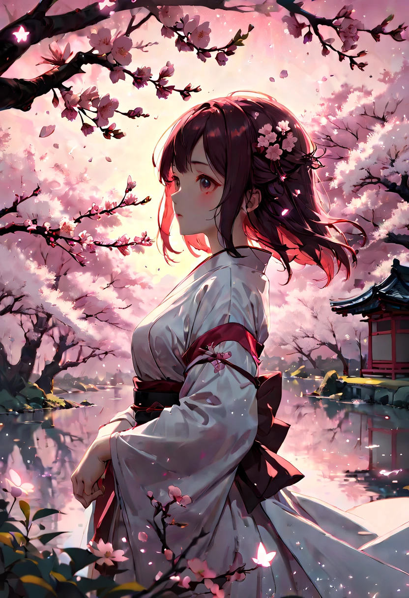 1girl, The Sakura Maiden, aesthetic, Incredible, detailed fluid gouache illustration of an enchanting, glowing sakura garden at sunset by renowned artists including Jeremy Mann and Winslow Homer. Features sharp focus, vivid colors, fireflies and a hyperrealistic galaxy. Concept art with 8k resolution.