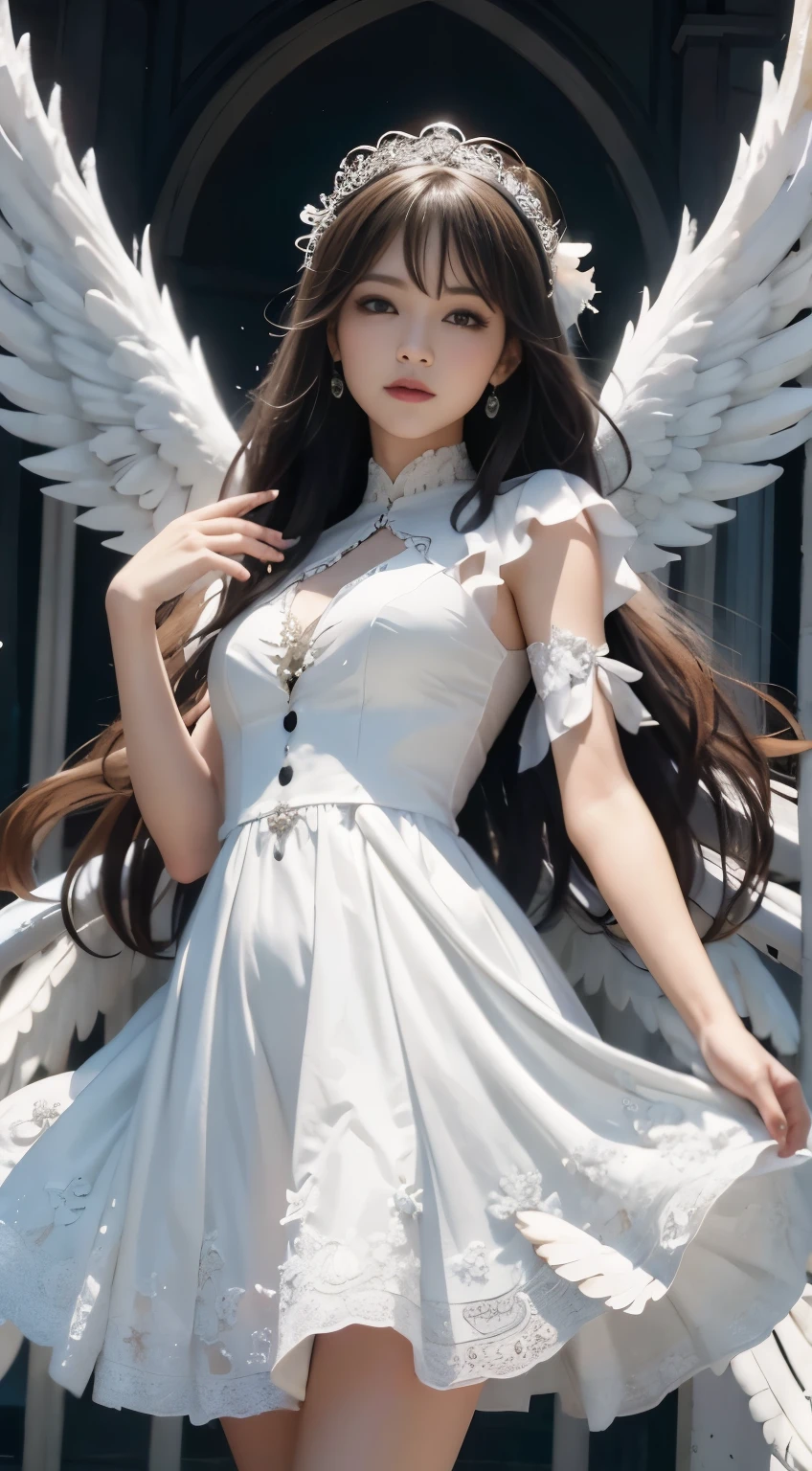 beautiful angel in white dress, Art stands high, Hello, white feather
