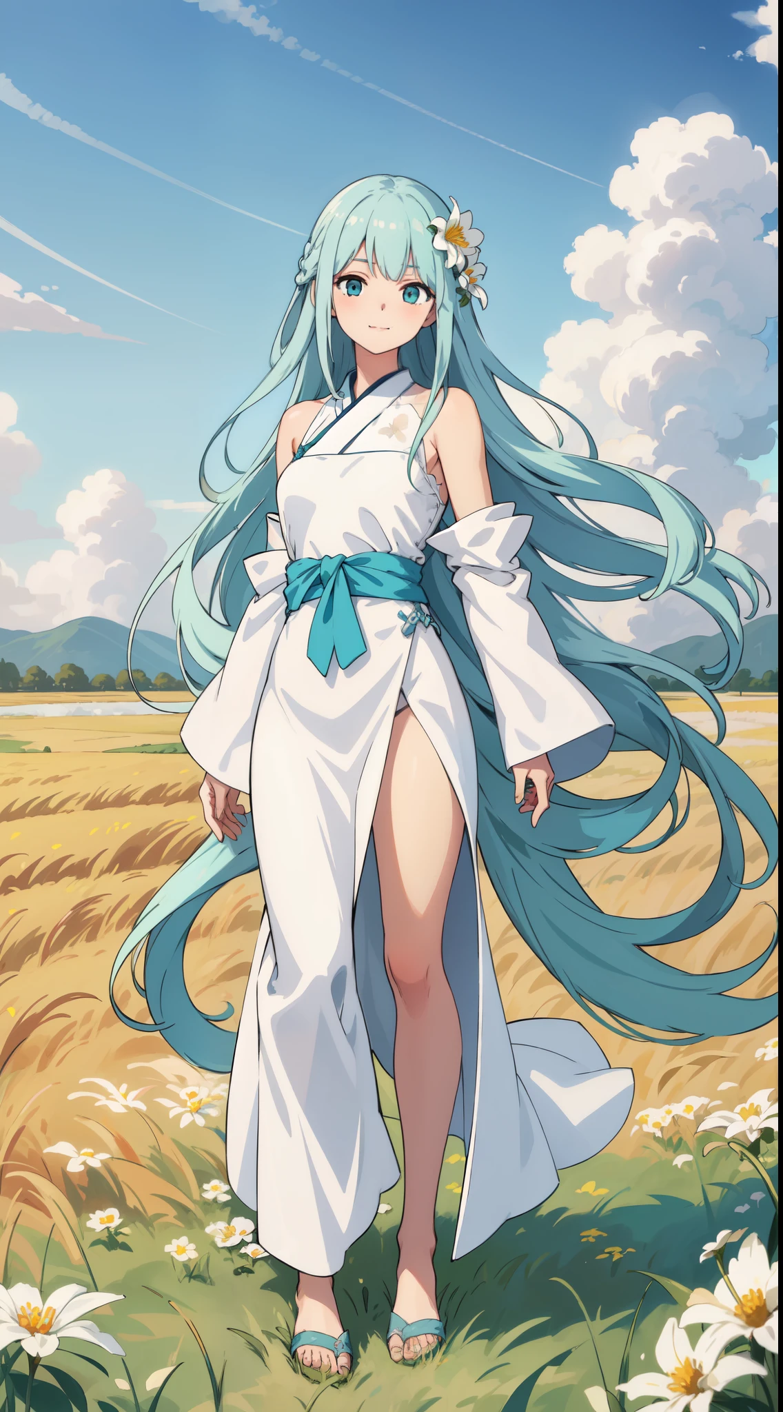 masterpiece, best quality, ultra highres, detailed illustration, portrait, detailed, 1girl standing in wheat field, solo, long hair, dress, flower, white hanfu, smile, full body, white flower, bare shoulders, very long hair, aqua hair, closed mouth, facing viewer, bangs,