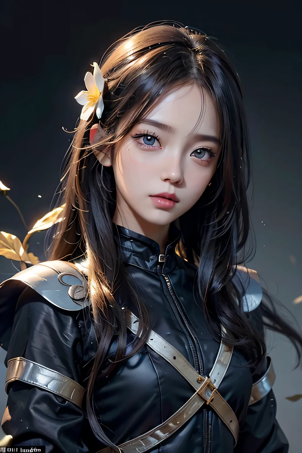 ８ｋ、High resolution、female warrior fashion、beautiful girl、black combat uniform、young、white skin,、narrow eyes,high nose,lighting that illuminates the face、clear image、intellectual beauty、skinny、no makeup、anxious look、lighting that illuminates the face,shining hair、single eyelid,blue eyes、in the flower field、vivid pose