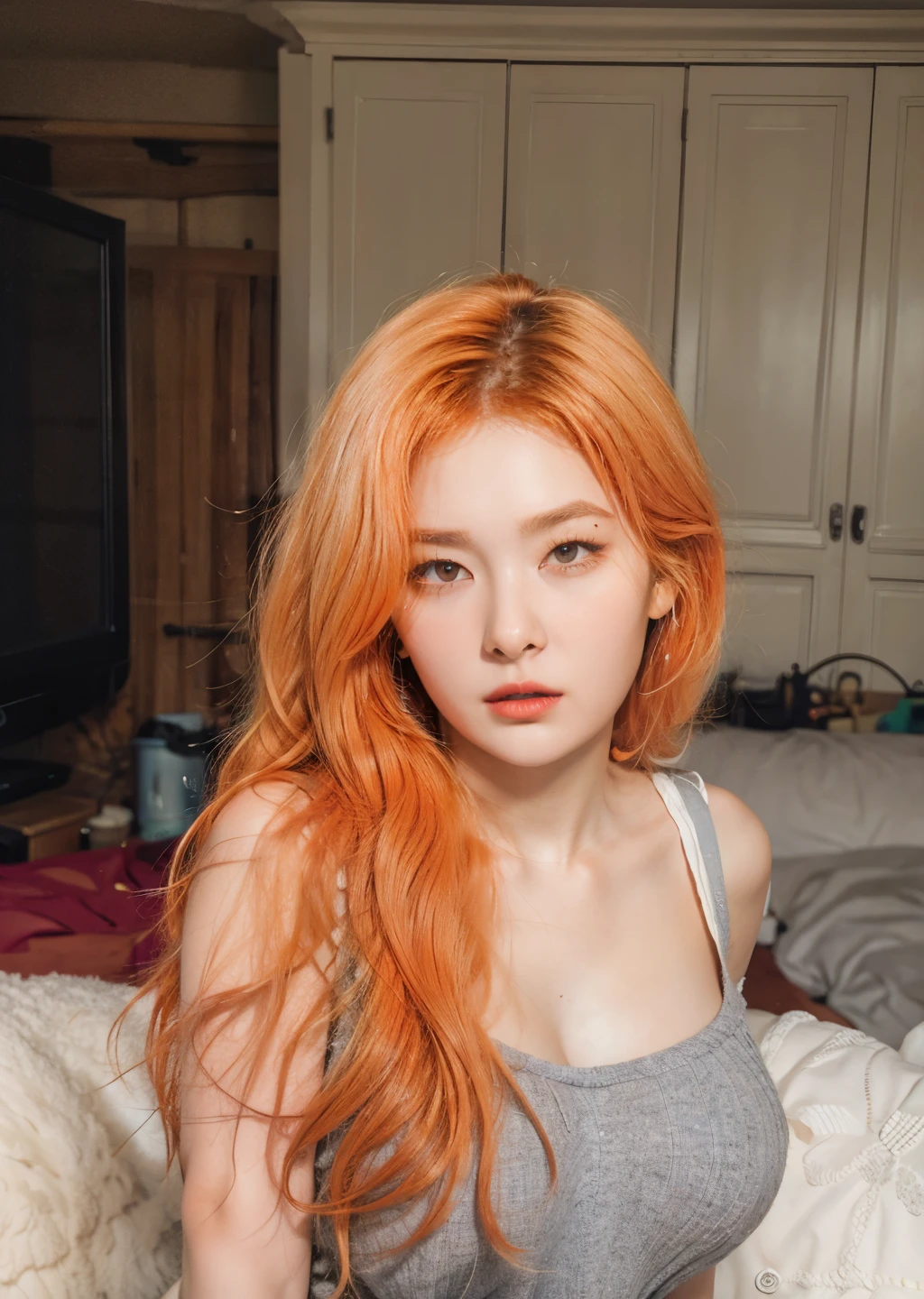 there is a woman with orange hair posing for a picture, she has long redorange hair, orange skin and long fiery hair, orange hair, long orange hair, orange glowing hair, long wavy orange hair, bright orange hair, very long orange hair, with long red hair, with curly red hair, she has long orange brown hair, with red hair, infrared hair