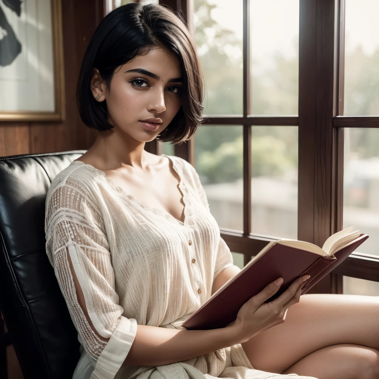 (RAW, Best quality, high resolution, Masterpiece: 1.2), A white Indian girl with short black hair, (Masterpiece, 1girl), (Realistic: 1.2), highly detailed, ultra realism, cinematic portrait, raw photo, best quality, 8k, intricate details, black hair cascading down her shoulders, expressive face, bright eyes, fair complexion, (stylish outfit), (casual pose), (indoor setting), excellent lighting, clean lines, (sitting on a chair), (holding a book), (intimate and cozy atmosphere).