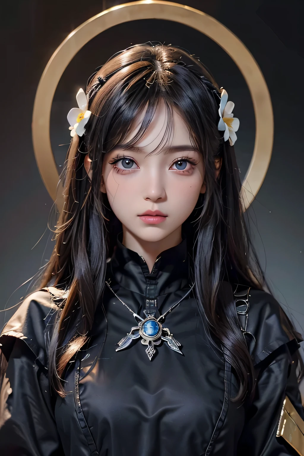 8k、High resolution、female warrior fashion、beautiful girl、black combat uniform、young、white skin,、narrow eyes,high nose,lighting that illuminates the face、clear image、intellectual beauty、skinny、no makeup、anxious look、lighting that illuminates the face,shining hair、single eyelid,blue eyes、in the flower field、vivid pose