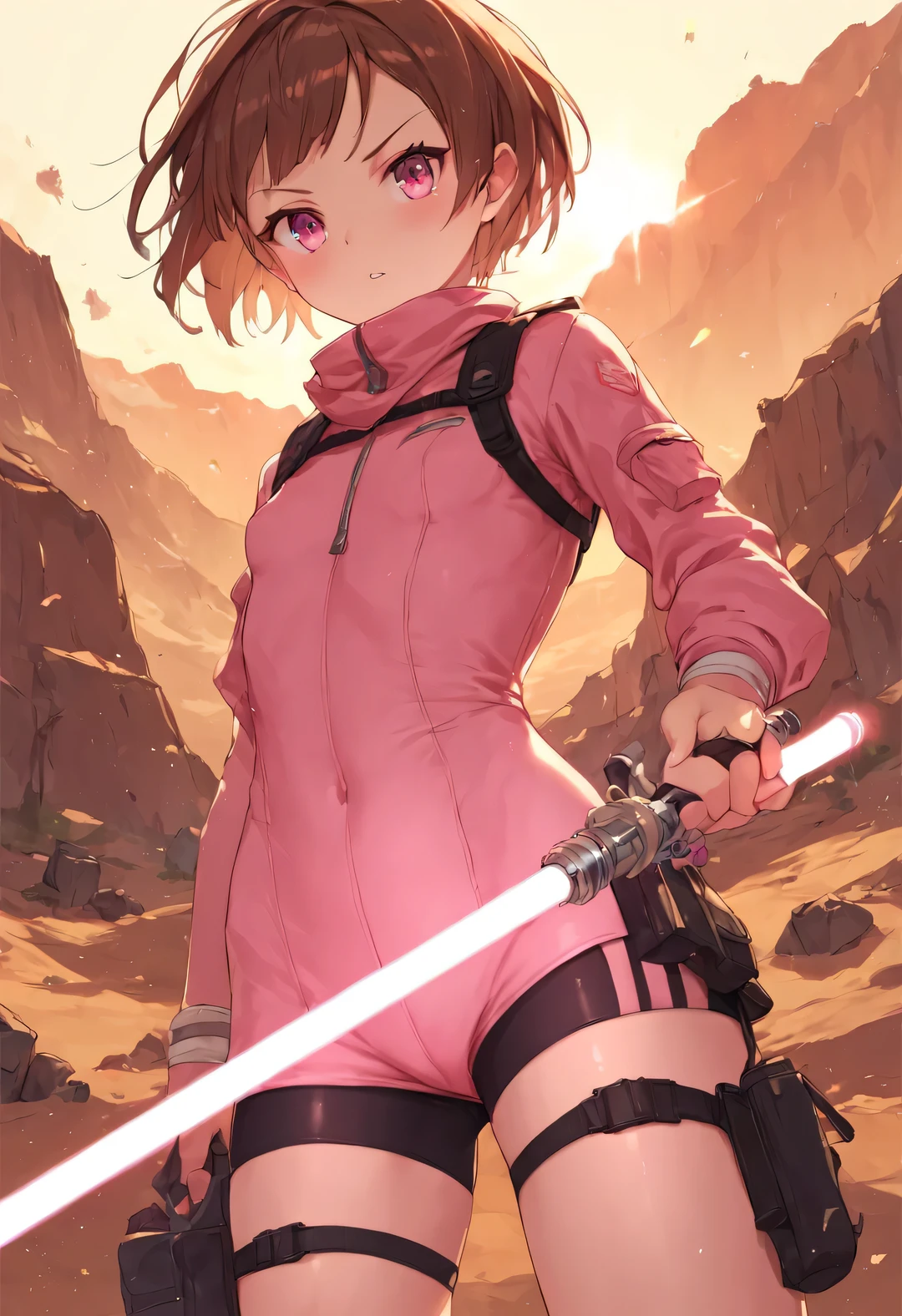 score_9, score_8_superior, score_7_superior,sauce_anime,absurd quality,8k,No correction,perfect lighting,evaluation_explicit,so beautiful, break, 1 girl,alone, brown hair, short hair, pink eyes, pink bodysuit, bike shorts, hip vent, tactical clothing, lightsaber, outdoors, desert 