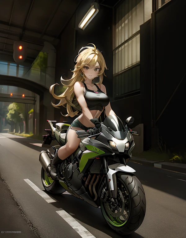 (best quality,8k,highres,masterpiece:1.2),thin beautiful blonde girl,perfect smile,tank top, on top of a black Kawasaki Z650 motorcycle on a highway,illustration,top view,ultra-detailed,realistic,professional,studio lighting,vibrant colors,bokeh