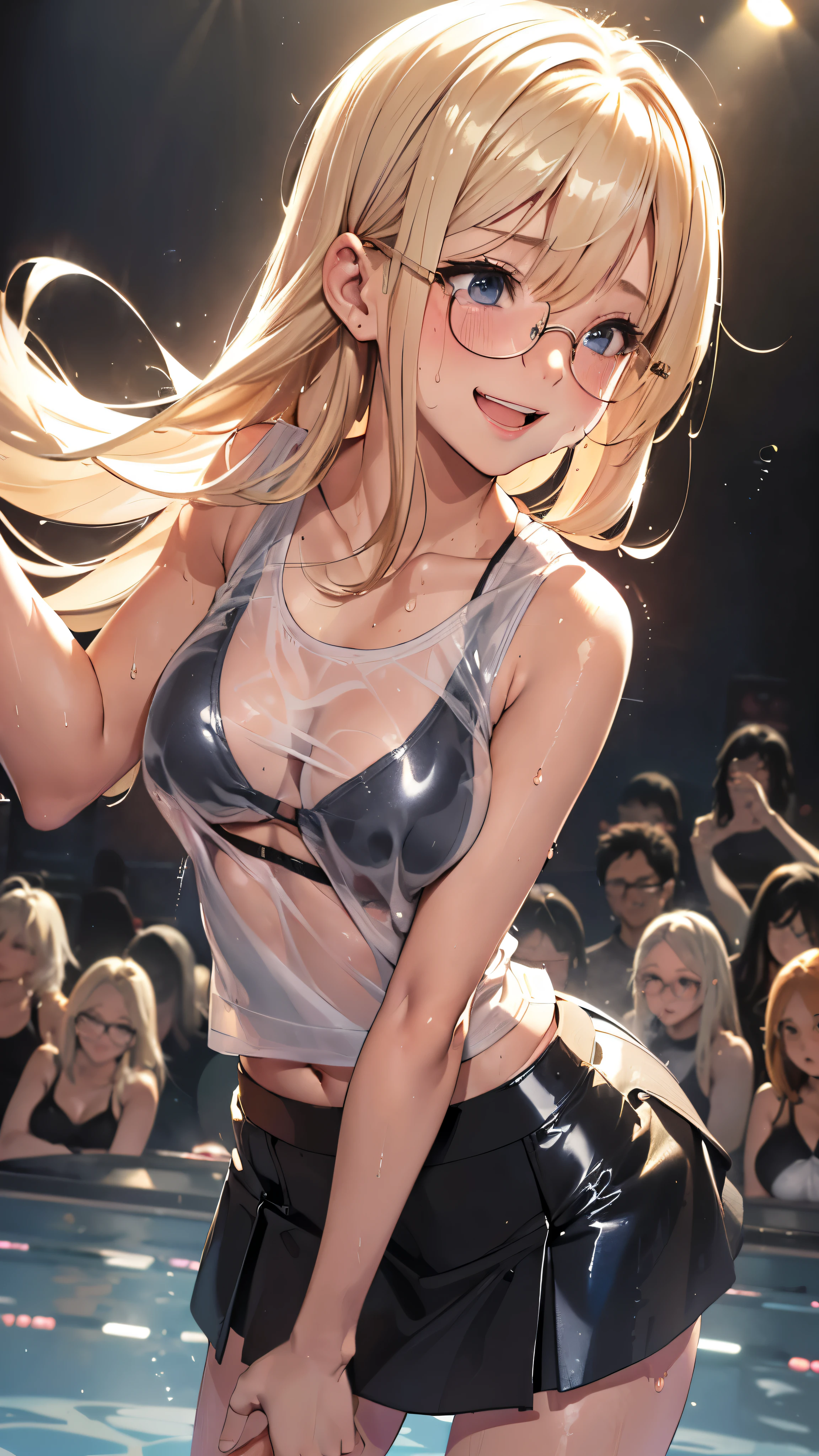 1 female,golden hair,25 years old,(((blue shiny micro tight skirt)))((white tank top))(((blush、open mouth smile)),(((straight hair))),(((portrait))),crowd,,(wet with sweat)(sexy black bra and see-through tank top)(Glasses)(((small breasts)))