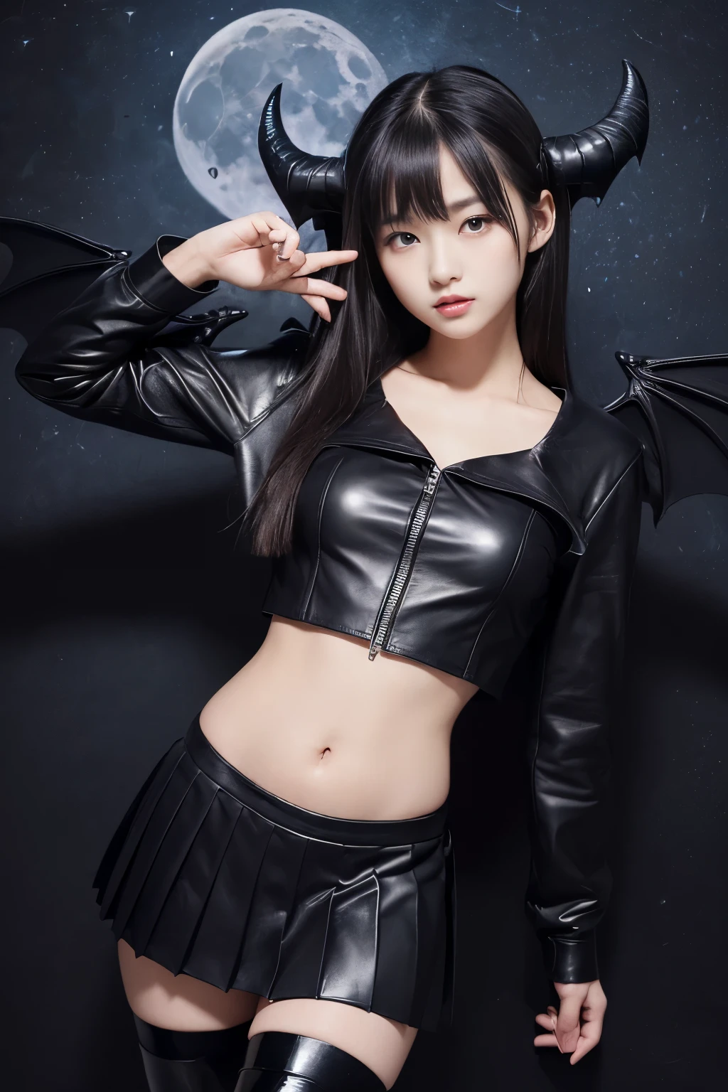 (masterpiece,highest quality,超A high resolution),japanese woman, (((very beautiful girl))), pretty girl、look at the photographer、Front view, ((bob hair)), super cute face, glossy lips, double eyelids in both eyes, natural makeup, length eyelashes, shiny smooth hair, center image, perfect limbs, perfect anatomy,(((Black leather sailor suit、black leather pleated skirt、belly button))),(((Black leather knee-high boots))), (((A very cute 16-year-olducc)))、(ength)))、(((above the head4devil horns in the book)))、(((black dragon wings))、(((moon background)))