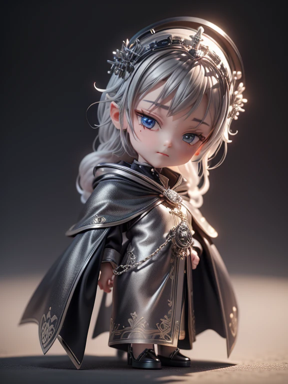 (blind box toy style:1.2), (full body shot) , 1 Cute metal witch, delicate metal robe,delicate metal hood, baroque style, dream-like shine, clean, Black Draught,white gold style, ( global illumination, ray tracing, HDR, unrealistic rendering,reasonable design, high details, masterpiece, highest quality, hyper hd, cinematic lighting)