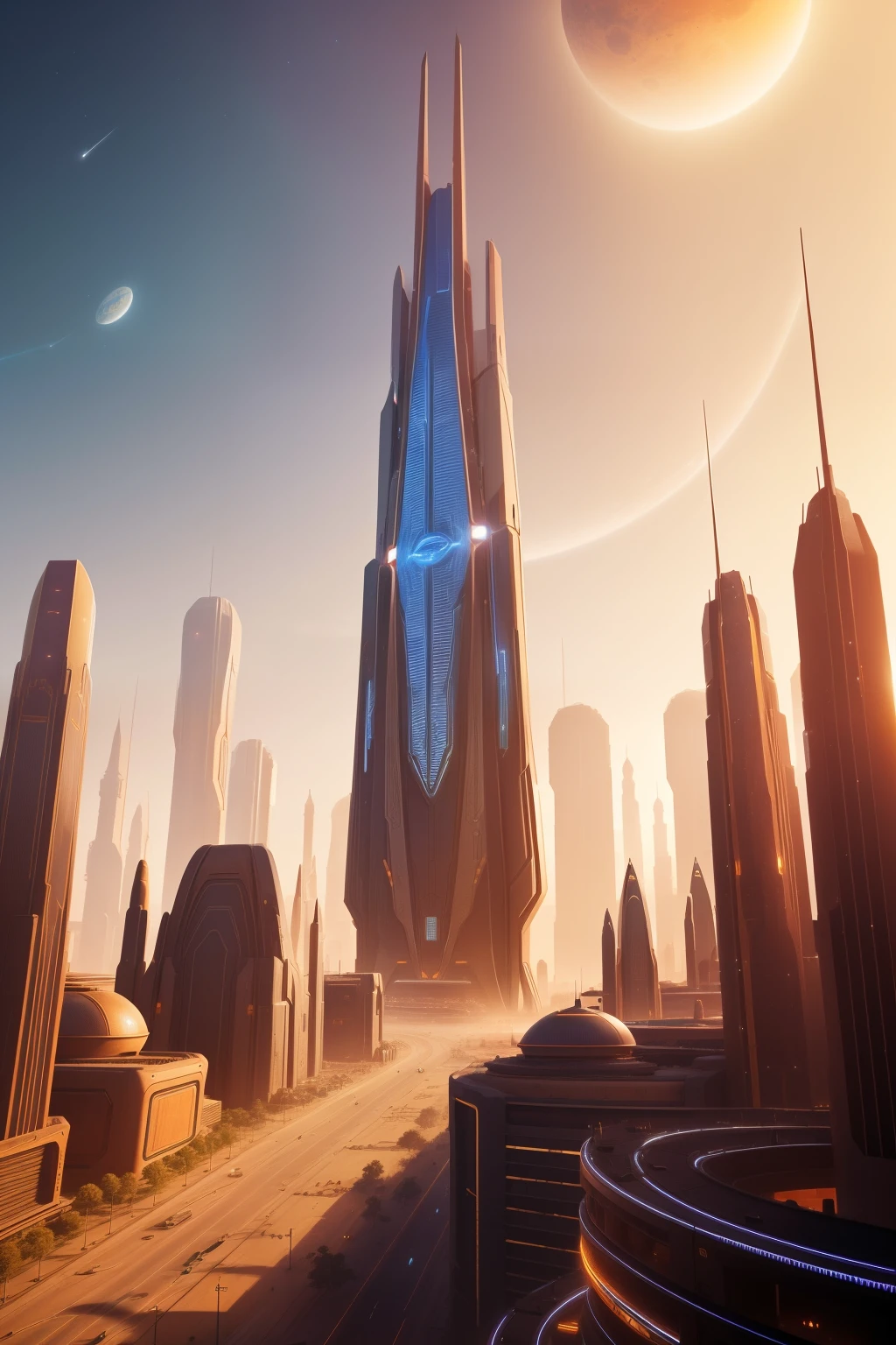 A futuristic city on Mars, an astral metropolis blooming with terrestrial renewal. Behold humans thriving, penning a new chapter in our cosmic saga! Dazzling structures, their shadows long and proud against the Martian backdrop, tower as symbols of human ingenuity. Nets of transparent conduits weave through the rust-tinged terrain, interconnecting abodes and research facilities. A lively congregation flourishes, pulsating with throngs of bustling boulevards and shared spaces. The ambiance reverberates with progress and resilience. Warm artificial lighting bathes the city, illuminating the Martian soil with a captivating glow