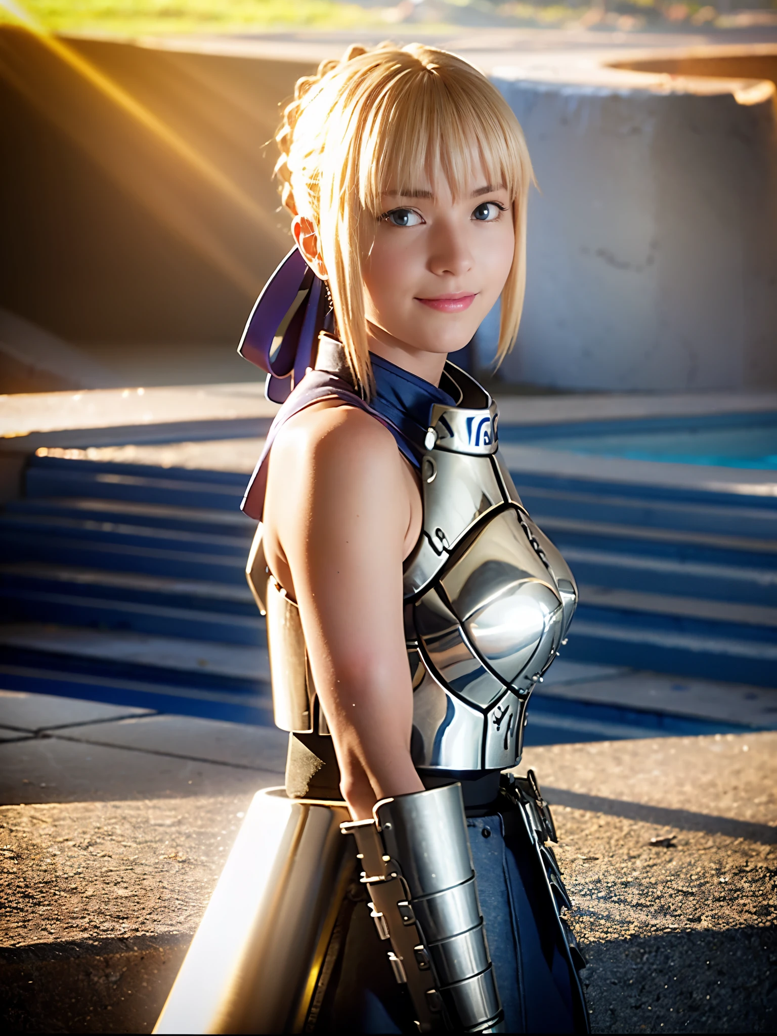 1girl,(((17 years old))),(a blond), (braided single hair bun)), (huge breast:1.5), (((armor))), ((beautiful anime eyes with fine detail)), ((indigo blue ribbon)), (seductive smile:1.3), realistic skin, (intricate details), ((lighting forward)), depth field, ((ultra high resolution, high res)), {highres}, {{very fine 8KCG wallpapers}}, {{very precise detailed}}, ((((masterpiece)))),in sunlight poolside, golden sword, ready a sword